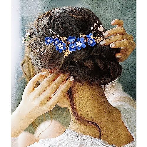 4 PCS Flower Hair Comb Summer Flower Girl Hair Pin Yellow Gold Metal Leaves Bride Bridesmaids Birthday Prom Party Hair Piece Accessory, Heaspiece Set (Something Blue)