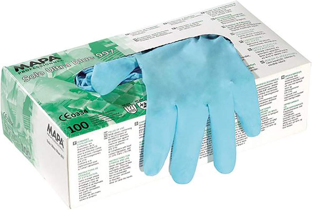 MAPA Professional SOLO 997 – Nitrile Disposable Gloves with Certified Virus Protection, Used in Laboratories and Health Sector, Blue, Size 6 (Box of 100) Protective Gloves
