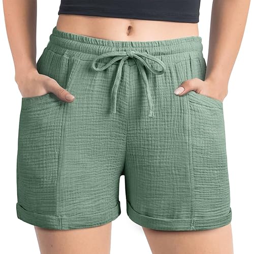 AUYAO Women's Casual Shorts, Womens Fashion Solid Colours Elastic Waist Drawstring Shorts, Ladies Classic Cool Cotton Blend Summer Workout Running Shorts, Outdoor Sports Beach Short with Pockets (M)