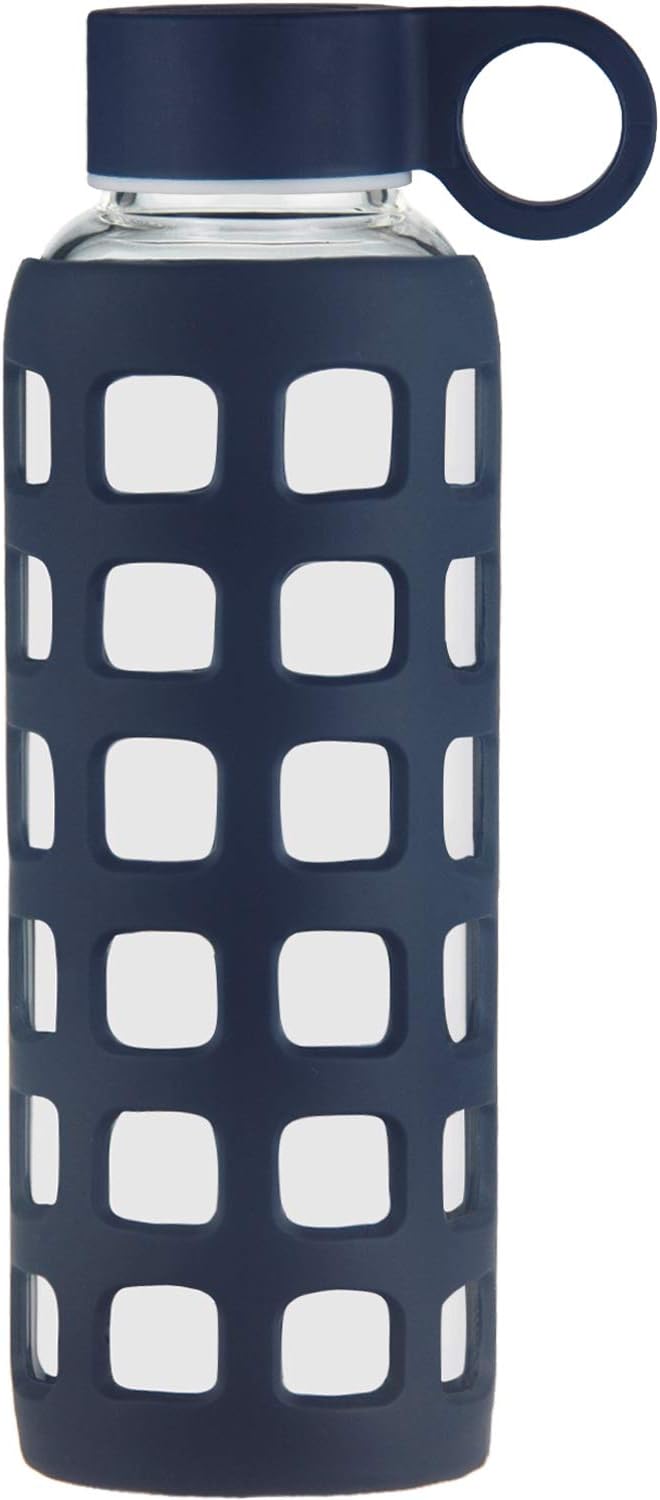 ORIGIN Best BPA-Free Borosilicate Glass Water Bottle With Fun Square Silicone Sleeve and Leak Proof Lid - Dishwasher Safe (Dark Blue, 22 Oz)