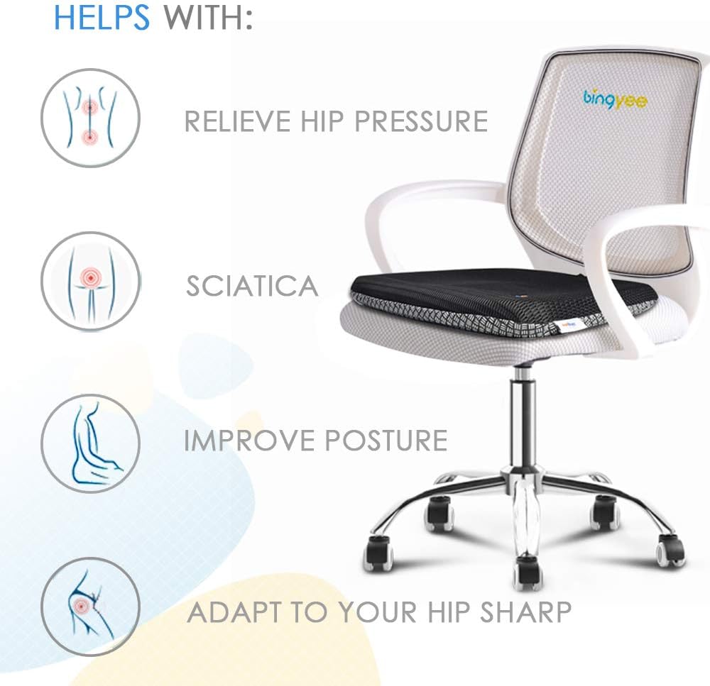 Bingyee Gel Seat Cushion 1.8 Inch Thick Double Gel Orthopedic Seat Cushion Pad for Pressure Relief Breathable Gel Sits Perfect for Office Chair, Car, Home, Wheelchair Sweat Resistant Chair Pads: Health & Personal Care