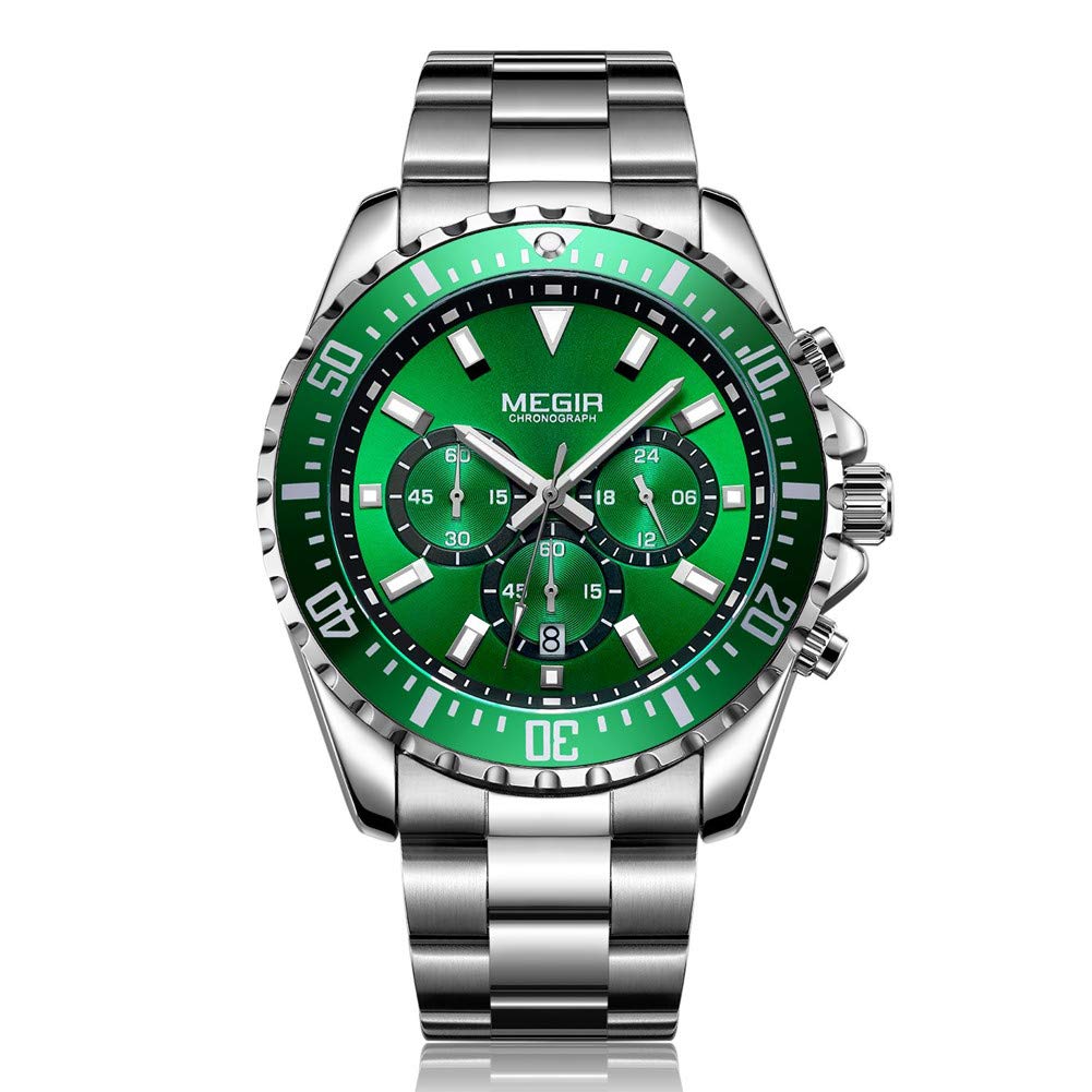 Mens Watches Waterproof Luminous Stainless Steel Sport Analogue Quartz Watch Men Business Chronograph Wrist Watch (Green)