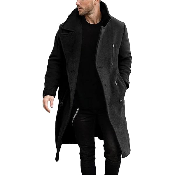 JEKE-DG Men's Oversized Notched Collar Pea Coat Long Wool