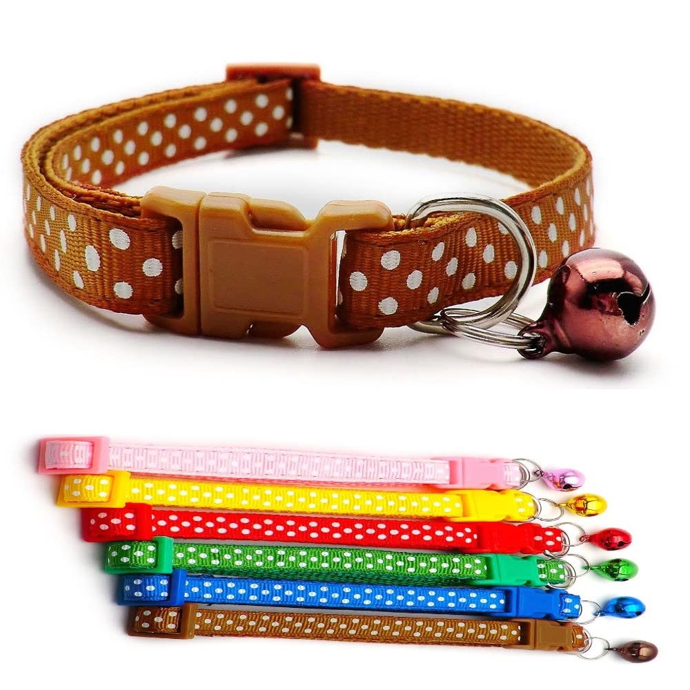 Small Dog Puppy Pet Collar Spot Design with Bell Nylon Adjustable Size 19-32cm Brown