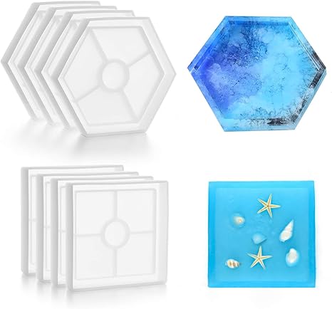 Amazon Co Jp Timoo 樹脂型 8パック コースターシリコン型 樹脂キャスティング用コースター型 正方形4個 六角エポキシ樹脂モールド4個 コースター作り Diy樹脂アートワーク ホームデコレーションに最適 ホーム キッチン