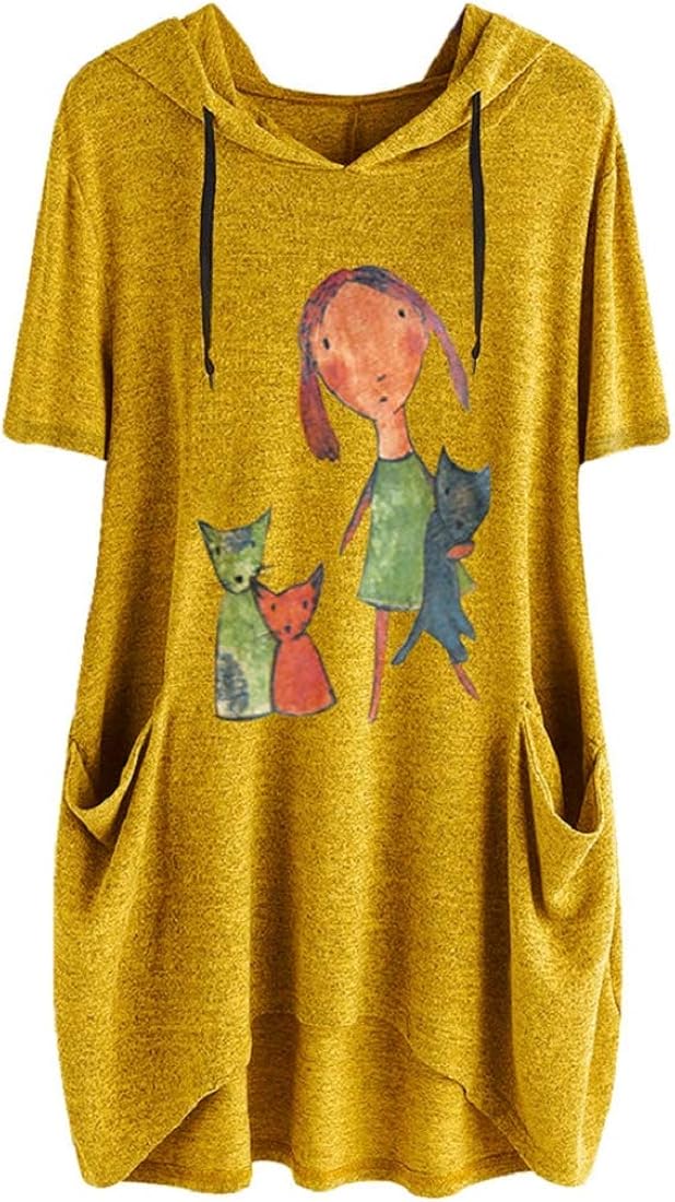 Women Cat Print Hooded Short Sleeves Tunic Top Casual Drawstring Pocket