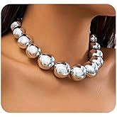 Quivox Chunky Bead Chain Statement Necklace,Aesthetic Plated Gold Geometric Ball Personalized Short Choker,Trendy Big Round Collarbone Necklace for Women