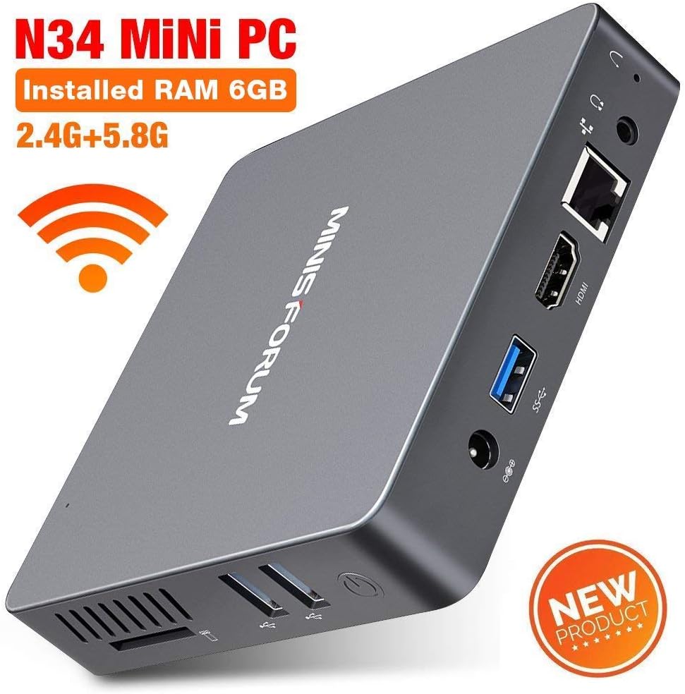 Mini PC Desktop N34 Fanless 6G,WiFi Enabled Support Windows 10 Pro 64-Bit/ 6GB/64GB, Support M.2 SSD, Intel Celeron N3450 (up to 2.2 GHz) HD Graphics 500, 4K/1000M LAN/2.4G+5.8G [Dual Output-HDMI&VGA]