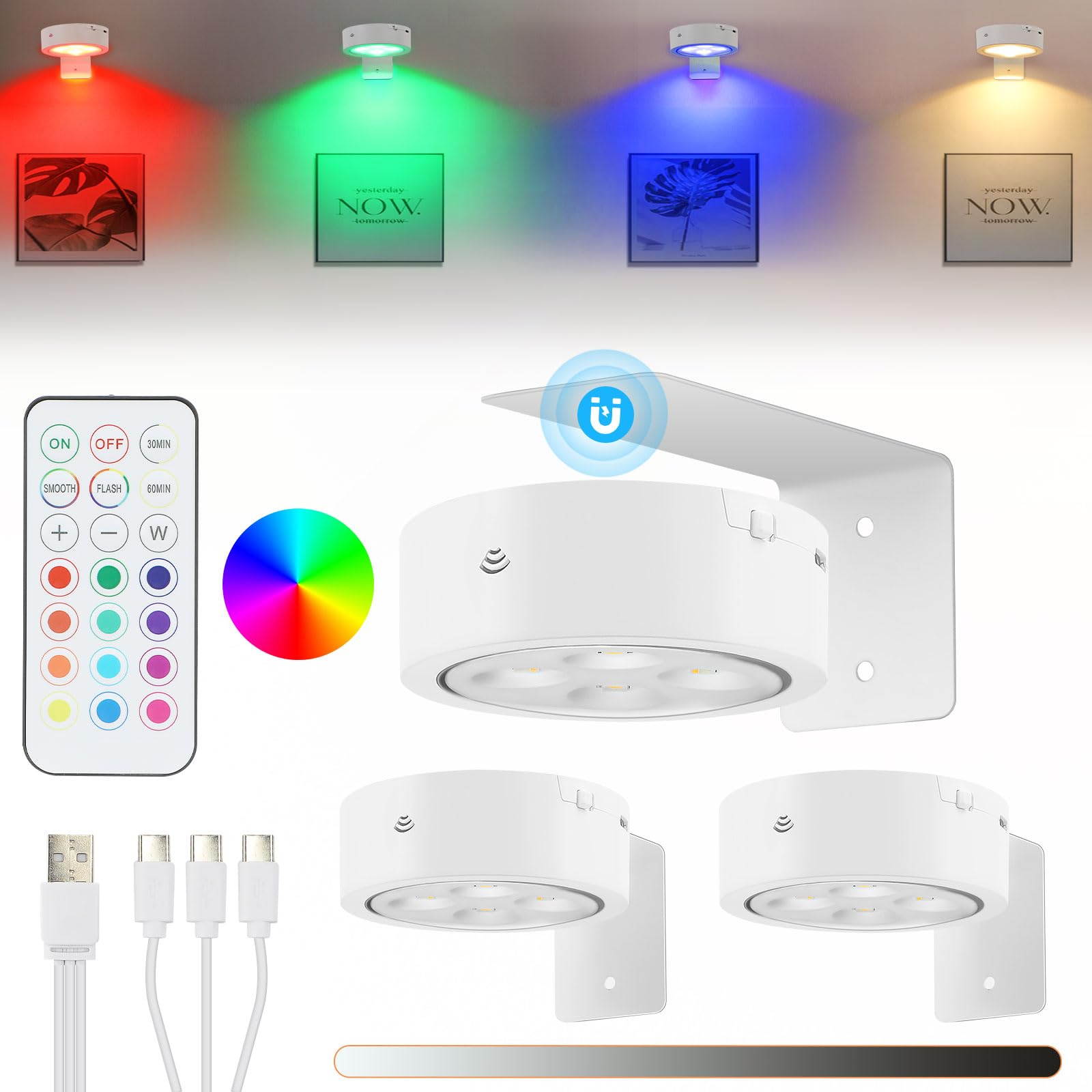 Photo 1 of Glighone 3Pcs Rechargeable Battery Picture Light,13 RGB Color Magnetic Wall Lights for Pictures with Remote Dimmable and Timer, Art Display Light for Paintings Battery Operated-RGB White