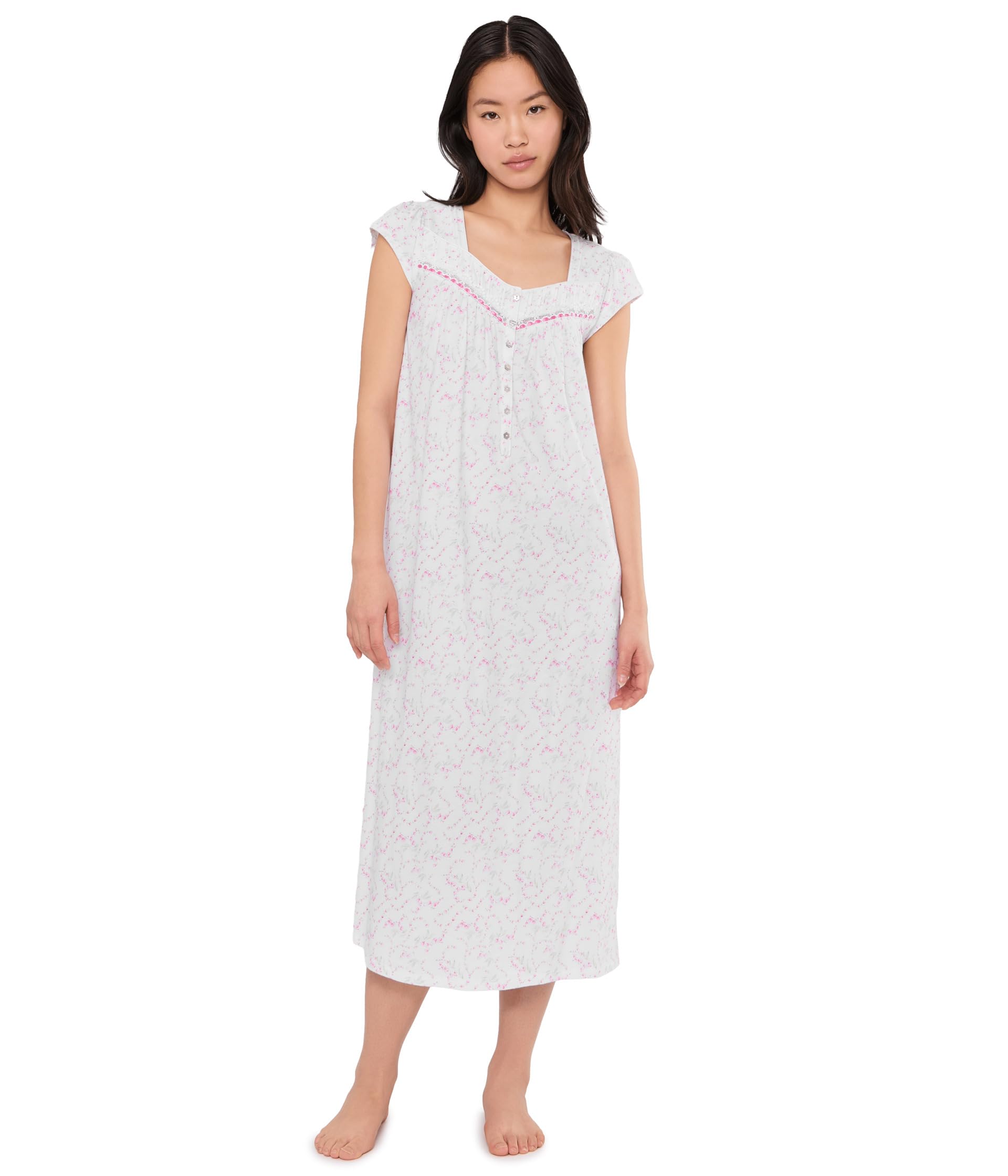 Eileen West Womens Cotton Knit Cap Sleeve Long Gown White Ground Viney Ditsy Small
