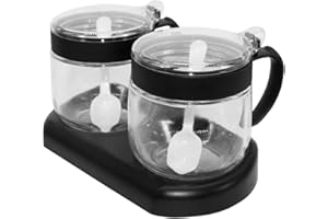 NAN Wind Glass Seasoning Box Set,12oz/350 ml Condiment Set With Lids and Spoon,Clear Glass Condiment Canisters,2Pack Scondiment Jar Set for Sugar Pepper for Kitchen Counter(Black)