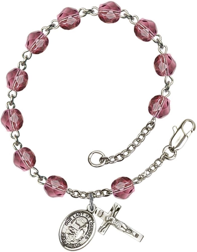 Bonyak Jewelry Our Lady of Lourdes Silver Plate Rosary Bracelet 6mm Fire Polished Beads Every Birth Month Color