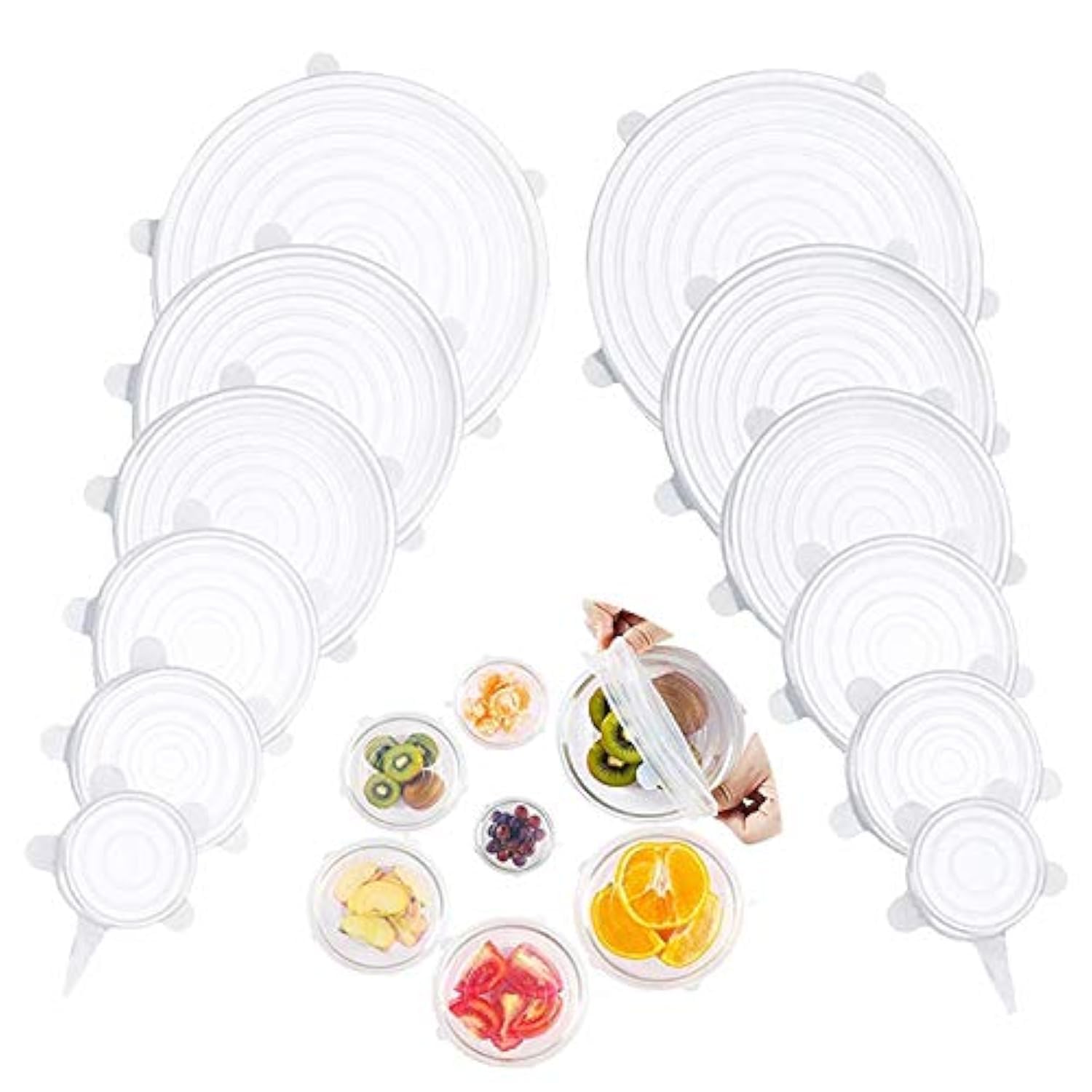 Silicone Stretch Lids, Silicone Food Covers 12 Pack, BPA 6 Different Sizes Silicone lids Fit Various Shape of Containers, Dishes, Bowls,Jars, Safe in Dishwasher/Microwave/Freezer.