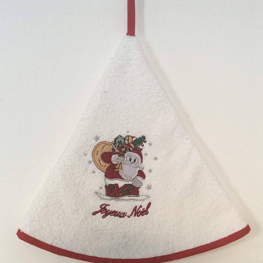 Villages de Provence Hand Towel Père Noël - Round with Clip - White - Embroidered Patterns - 100% Cotton - Ø 65 cm in diameter - Kitchen or Bathroom - Machine Washable