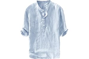 Ryannology Mens Linen Shirts Casual Cotton 3/4 Sleeve Regular-Fit Henley T-Shirt Summer Lightweight Beach Yoga Tops