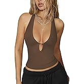 Hragc Womens Sexy Deep V Neck Halter Tops for Women Ribbed Racerback Tank Slim Fit Trendy Y2k Summer Going Out Sleeveless Top