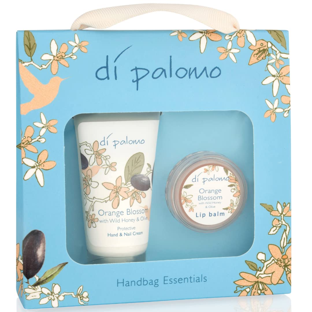 Di Palomo Orange Blossom & Honey Handbag Essentials Kit. Hand Cream & Lip Balm. Skincare Travel Essentials, Skin Care Essentials Gifts for Her. Moisturising Lip Balm & Hand Cream Gift Set for Women.