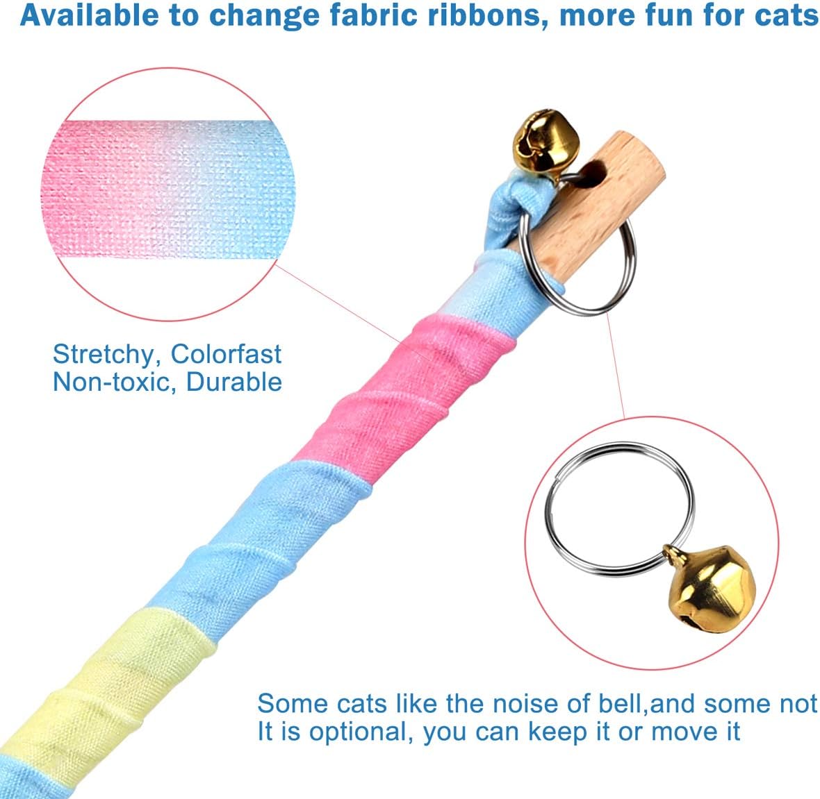 Interactive Cat Toys Rainbow Cat String Toy with Bell, Replaceable Wood Cat Wand with 5PCS Colorful Fabric Ribbon Refills, Safe Cat Catcher Teaser Stick Toy for Kittens Training Pets Exerciser : Pet Supplies