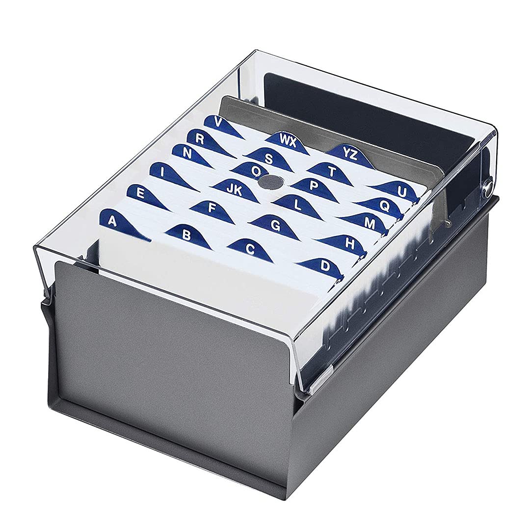 Acrimet 4'' X 6'' Card File Holder Organizer Box Metal Base Heavy Duty (AZ Index Cards 155mm Width x 115mm Height and Divider Included) (Gray Color with Clear Crystal Plastic Lid Cover)