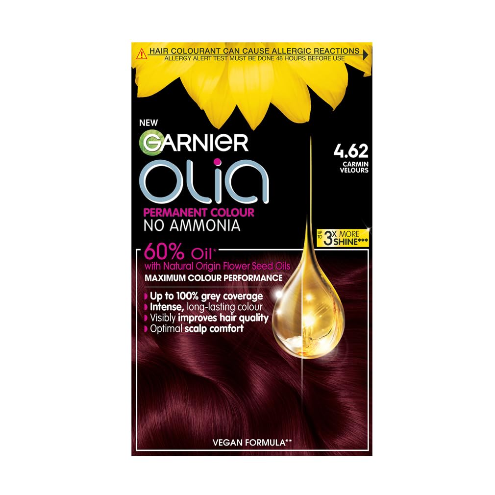 Garnier Olia 4.62 Dark Garnet Red, oil-powered, no-ammonia. 100% grey coverage. Luminous, long-lasting, vibrant dark garnet red hair color with ultimate shine and softness. โ image 1