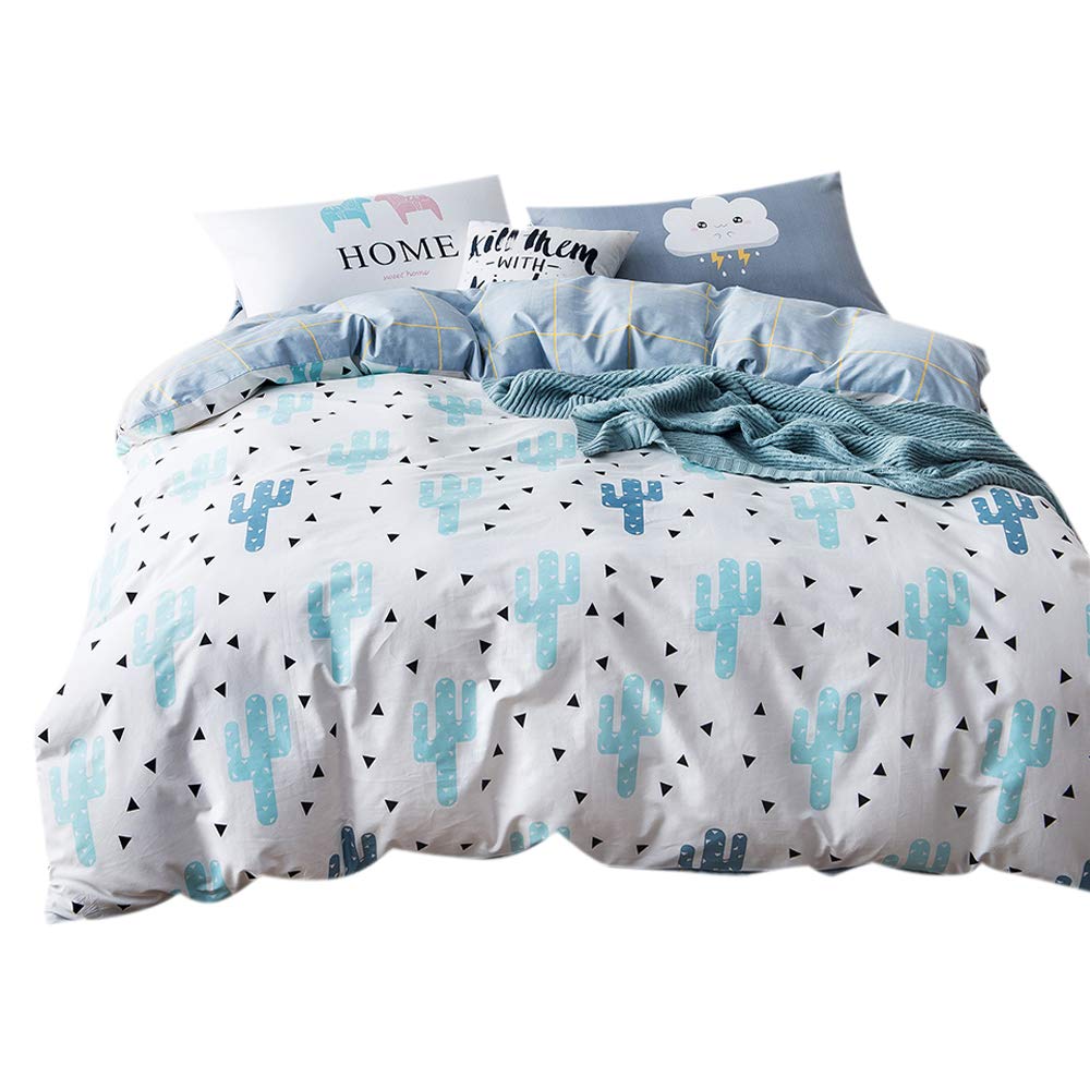 FenDie Cotton White Blue Duvet Cover Set Cactus and Little Triangle Printed Bedding Set Reversible Twin Duvet Cover with 2 Cartoon Pillowcases 3 Piece Lightweight Duvet Set - No Comforter