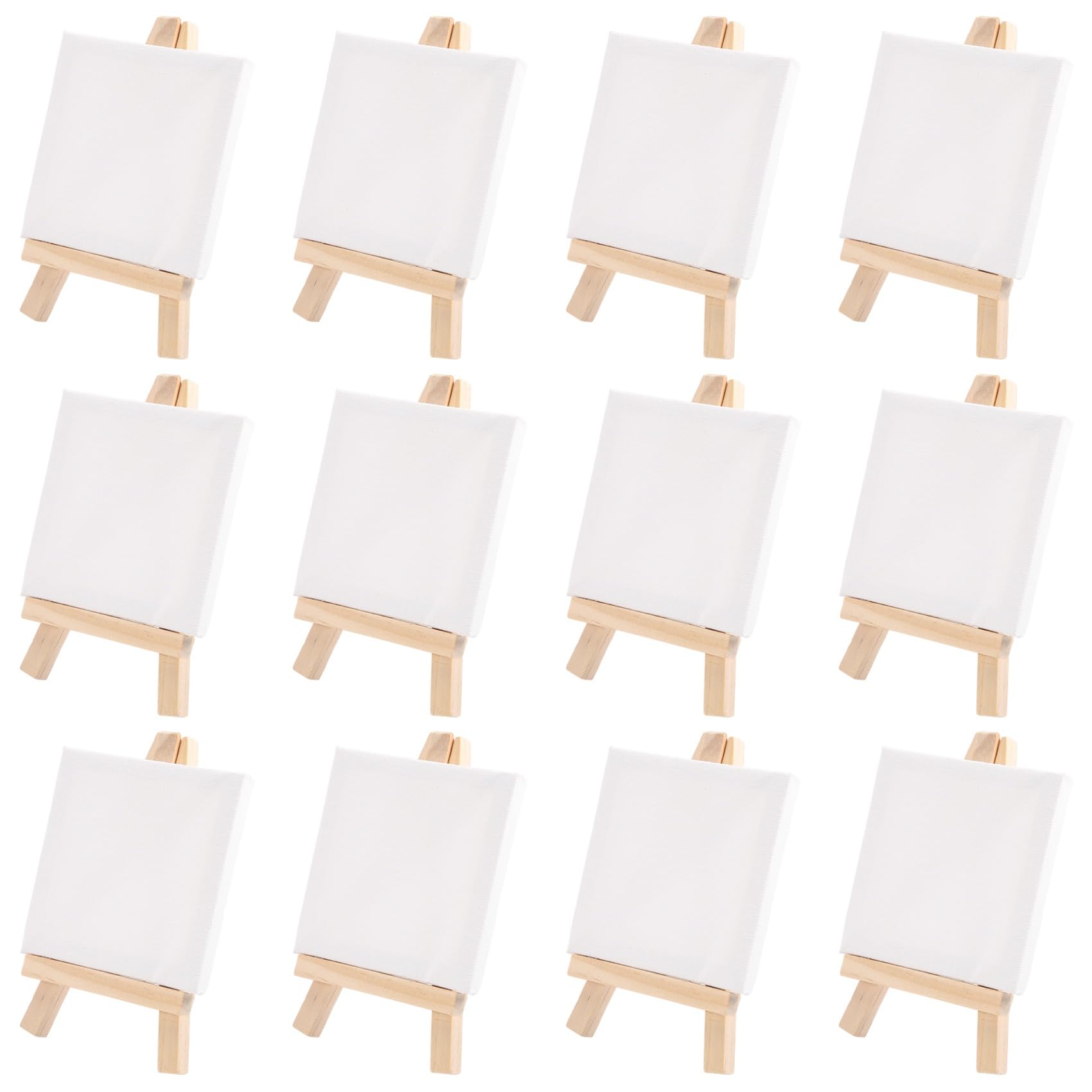 Plomevry Artists 3 inch x3 inch Mini Canvas & 5 inch Mini Easel Set Painting Craft Drawing - Set Contains: 12 Mini Canvases & 12 Mini Easels