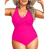 Daci Plus Size One Piece Swimsuit - Tummy Control Bathing Suit for Women V Neck Retro Twist Front Full Coverage Swimwear