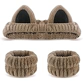 Cat Ears Headband, 3PCS Cute Spa Headbands and Wristband Set, Animal Ears Headbands for Washing Face Soft Elastic Skincare Headband Makeup Facial Hairband for Women Girls, Khaki
