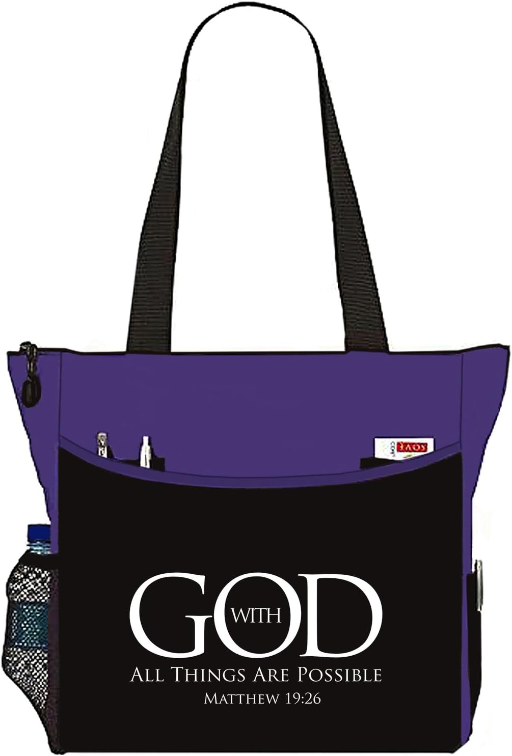 Matthew 19:26 With God All Things Are Possible Christian Bible Cover Verse Tote Bag Church Office School Travel Gym Book Organizer - Black/Purple