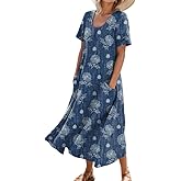 Akivide Women's Colorful Boho Vacation Beach Dress with Pocket Summer Cute Oversized Short Sleeve Crewneck Flowy Maxi Dresses