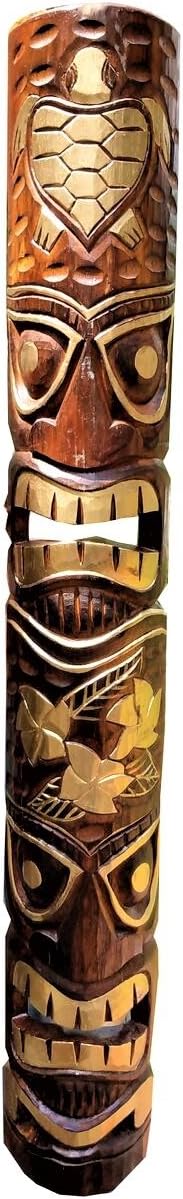 All Seas Imports 39.5" Handcarved Gold Foil Design Tiki Mask Hawaiian Style with Turtle & Flowers!