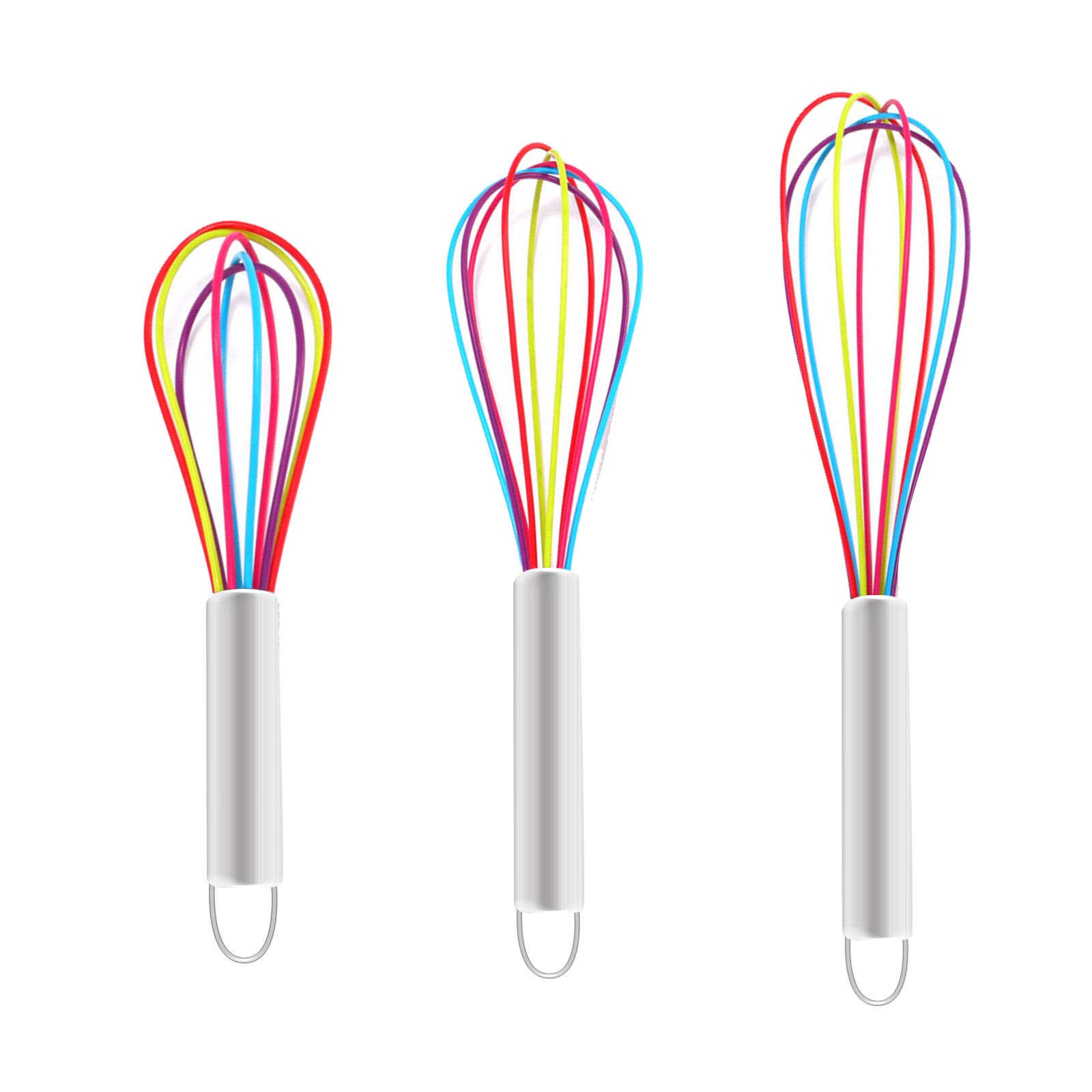 3Pcs Silicone Whisk Set Plastic Whisks Small Silicone Tipped Balloon Whisk Rainbow Manual Colourful for Mini Hand Baking Cooking Non Stick Pans 8/10 /12Inch