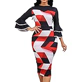 Women Sexy Dresses Bodycon Church 3/4 Sleeve African Print Pencil Party Office Dress Work with Split