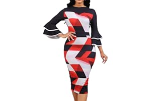 SXCLUB Women Sexy Dresses Bodycon Church 3/4 Sleeve African Print Pencil Party Office Dress Work with Split