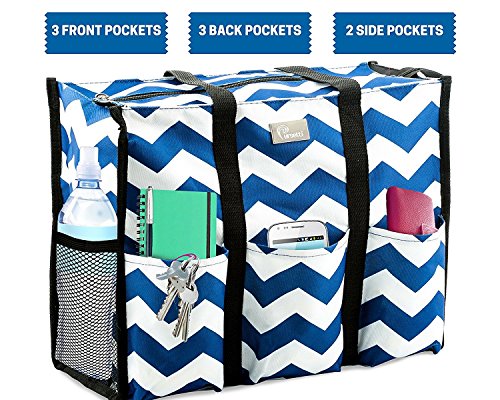 Pursetti Teacher Bag with Pockets - Perfect Gift for Teacher's Appreciation and Christmas (Large, Navy Chevron)