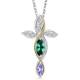 Cross Necklace For Women In 925 Silver and 10K Yellow Gold with Rainforest Topaz and Lab Grown Diamond and Tanzanite | 1.35 Cttw | Jesus Christian Religious Crucifix | Marquise 8X4MM | 18 Inch Chain
