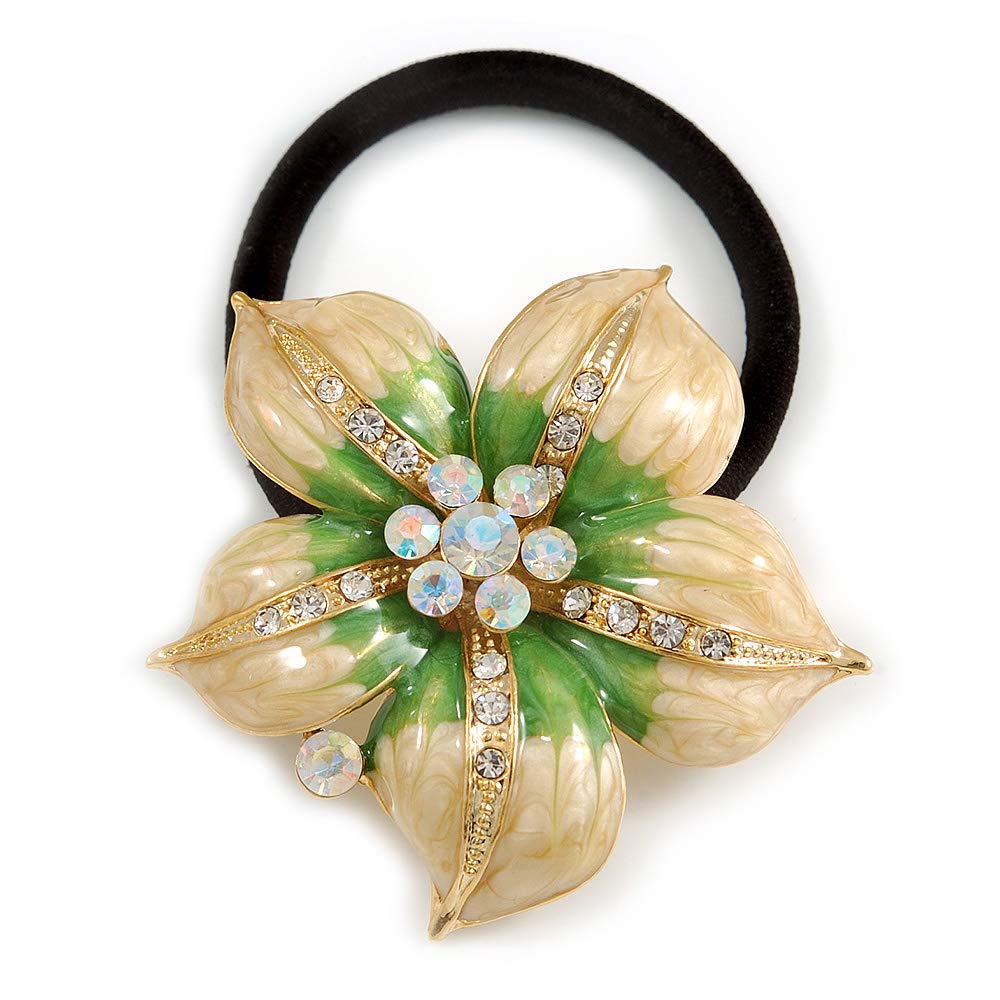 Gold Tone Beige/Green Enamel, Crystal 'Daisy Flower' Pony Tail Hair Elastic/Bobble