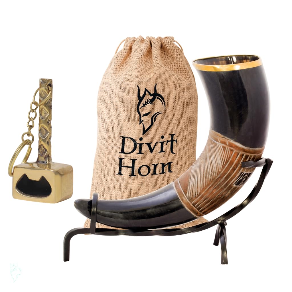 Divit Horn Genuine Viking Drinking Horn with Iron Stand | Medieval Beer Drinking Horn 16 oz (450–500 ml) | Brass Adornments & Burlap Gift Sack Included | Jarl Horn & Brass Hammer Opener