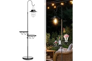 KIRSCHBLÜTE 60" Solar Floor Lamp with Detachable Hanging Lantern & Small Side Table - Cordless, Waterproof Outdoor Lighting for Deck, Patio, Garden, Porch - Weatherproof Iron Floor Light- Two Small side tables