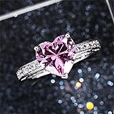 925 Sterling Silver Shiny Full Diamond Heart-Shaped Pink Gemstone Ring Cubic Zirconia Rings CZ Diamond Ring Eternity Engagement Wedding Band Ring for Women (US Code 7)