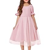 Batermoon Girls Summer Tutu Tulle Dress Puff Short Sleeve Square Neck Flowy Sundress Casual Party Midi Dresses 5-14Y