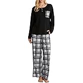 FLYCURVY Women's Pajama Sets 2 Piece Long Sleeve Sleepwear Soft Pj Set Loungewear Plaid Pjs with Pockets