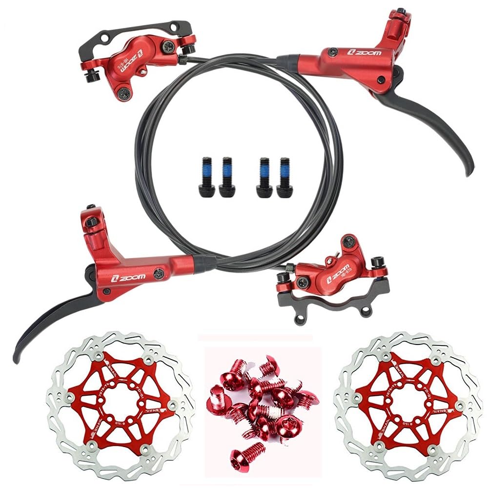 NYK Zoom 4 Piston Hydraulic Disc Brakes Mountain Bike Sets MTB Front & Rear Set with Floating Disc Rotor 160mm & Color Bolts (Red)