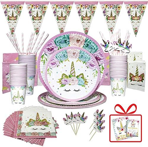 Unicorn Party Supplies/ALYN Birthday Party Favors Serves 16 / Include 110 Pieces Themed Party Decorations, Unicorn Cake Topper/Disposable yet eco friendly giving your girl memorable and fun party