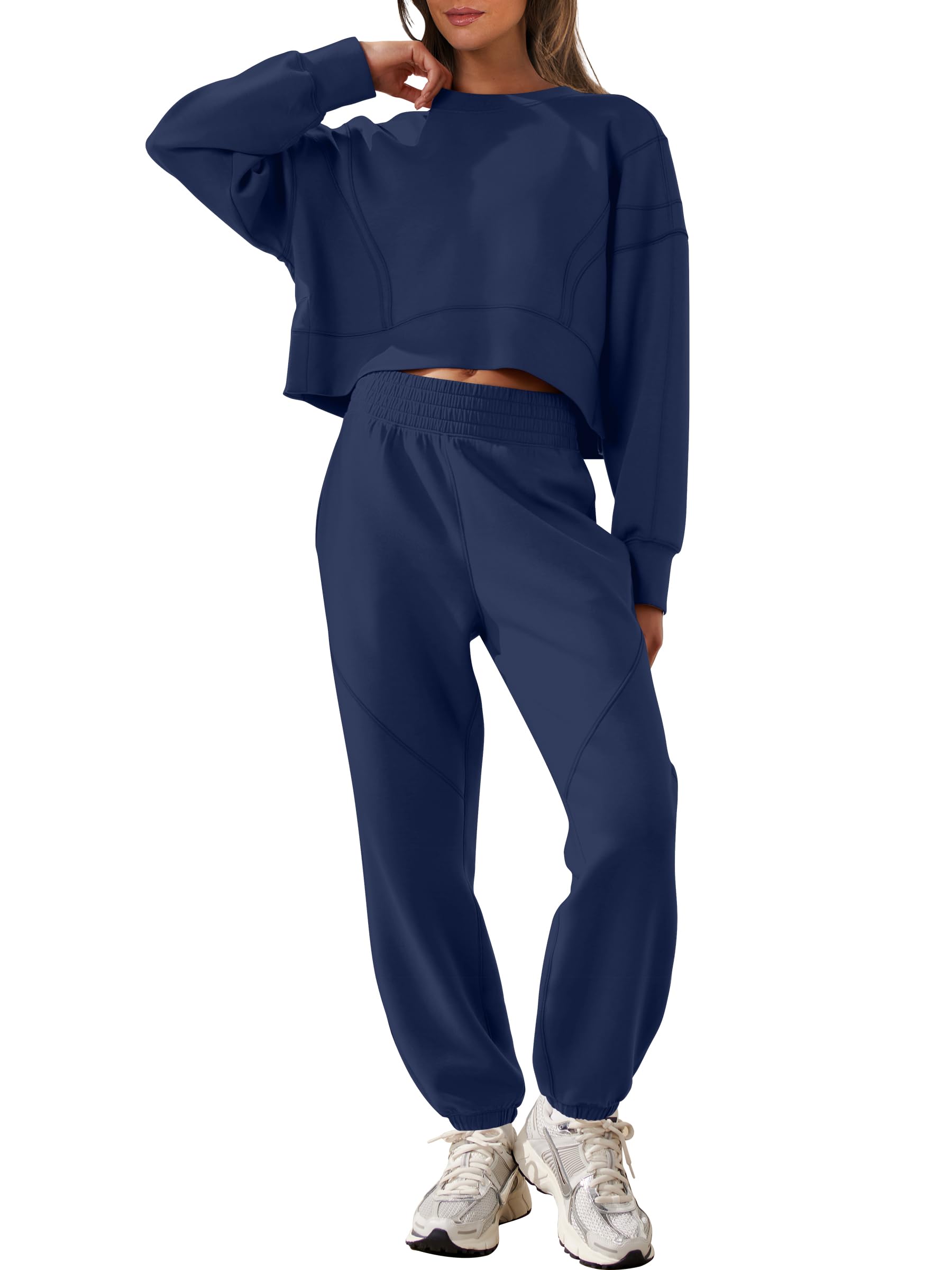 Photo 1 of ANRABESS Womens 2 Piece Outfits Lounge Sets Cropped Sweatshirt & Joggers Fashion Sweatsuit Sweat Set 2025 Fall Travel Outfits Navy Blue Medium