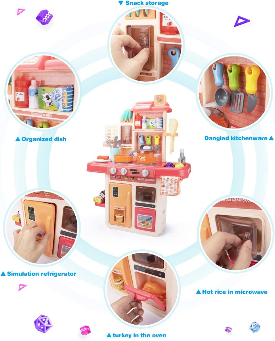 UNIH Kids Kitchen Sets for Girls Little Pretend Pink Play Kitchen Playset Toy with Realistic Lights & Sounds,Play Oven & Sink,Other Kitchen Accessories Toys for Girls and Boys: Toys & Games