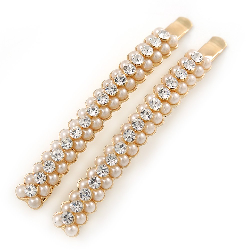 2 Gold Plated Cream Glass Pearl, Clear Crystal Hair Grips/Slides - 60mm