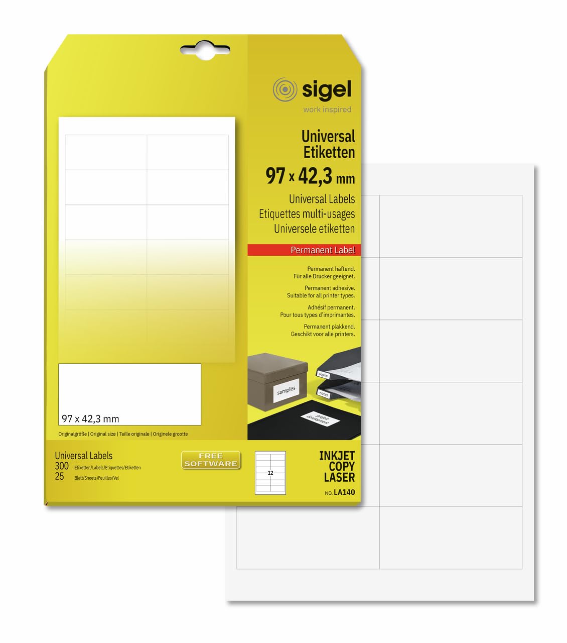 SIGEL LA140 Universal Permanent Labels, White, 9.7 x 4.23 cm, 300 lbl equal to 25 sheets, White