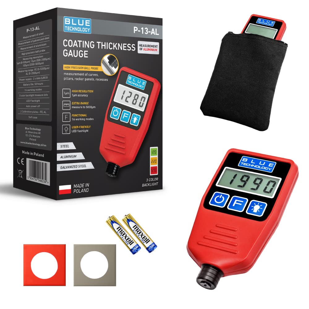 Blue Technology P13-AL Professional Coating Thickness Gauge, Paint Thickness Gauge, Ball Probe, Steel & Aluminium, Coating Thickness Gauge, Paint Tester for Car, Made in EU, Red