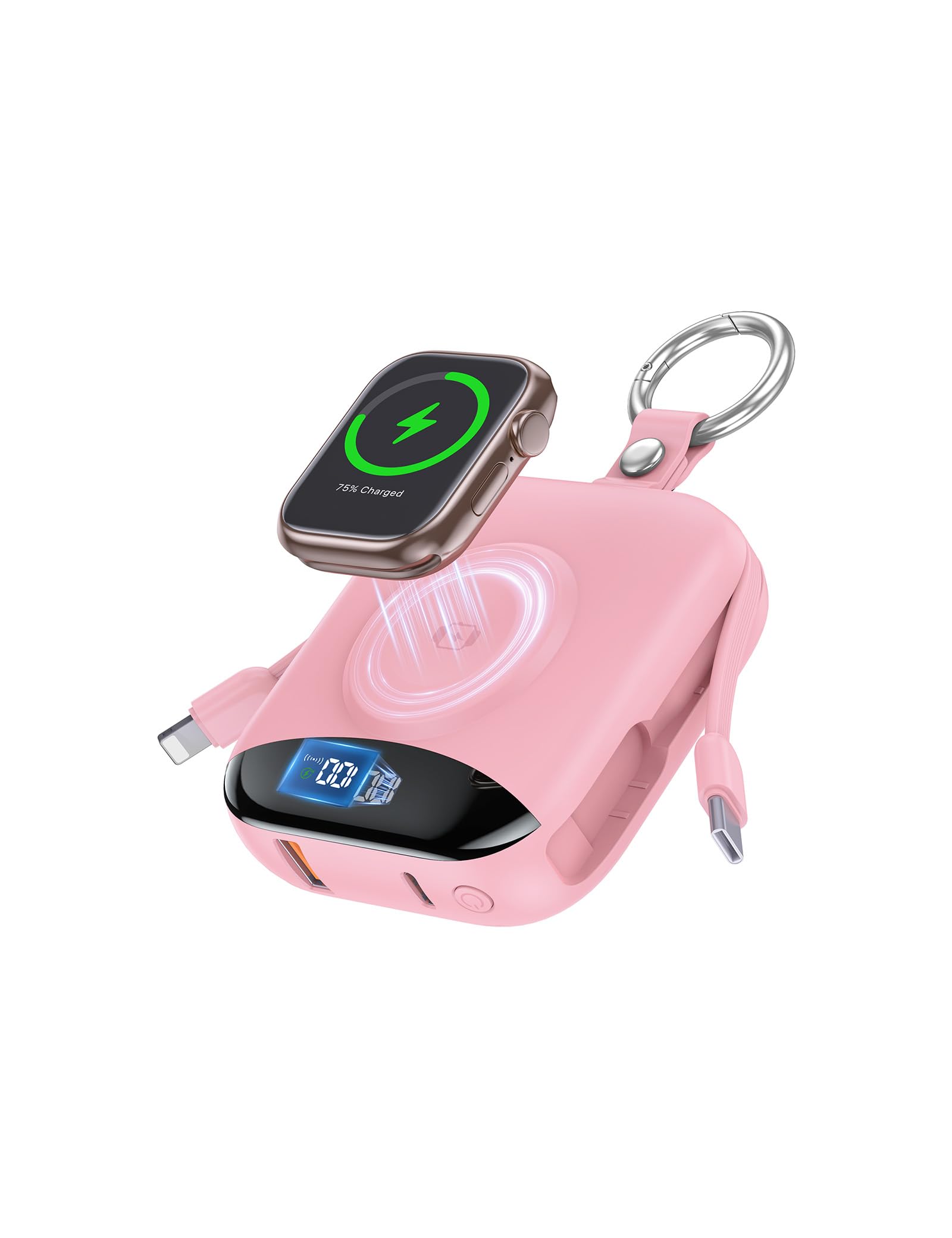 citicr Portable Charger 10000mAh w/Built-in Cables & iWatch Charger Pink